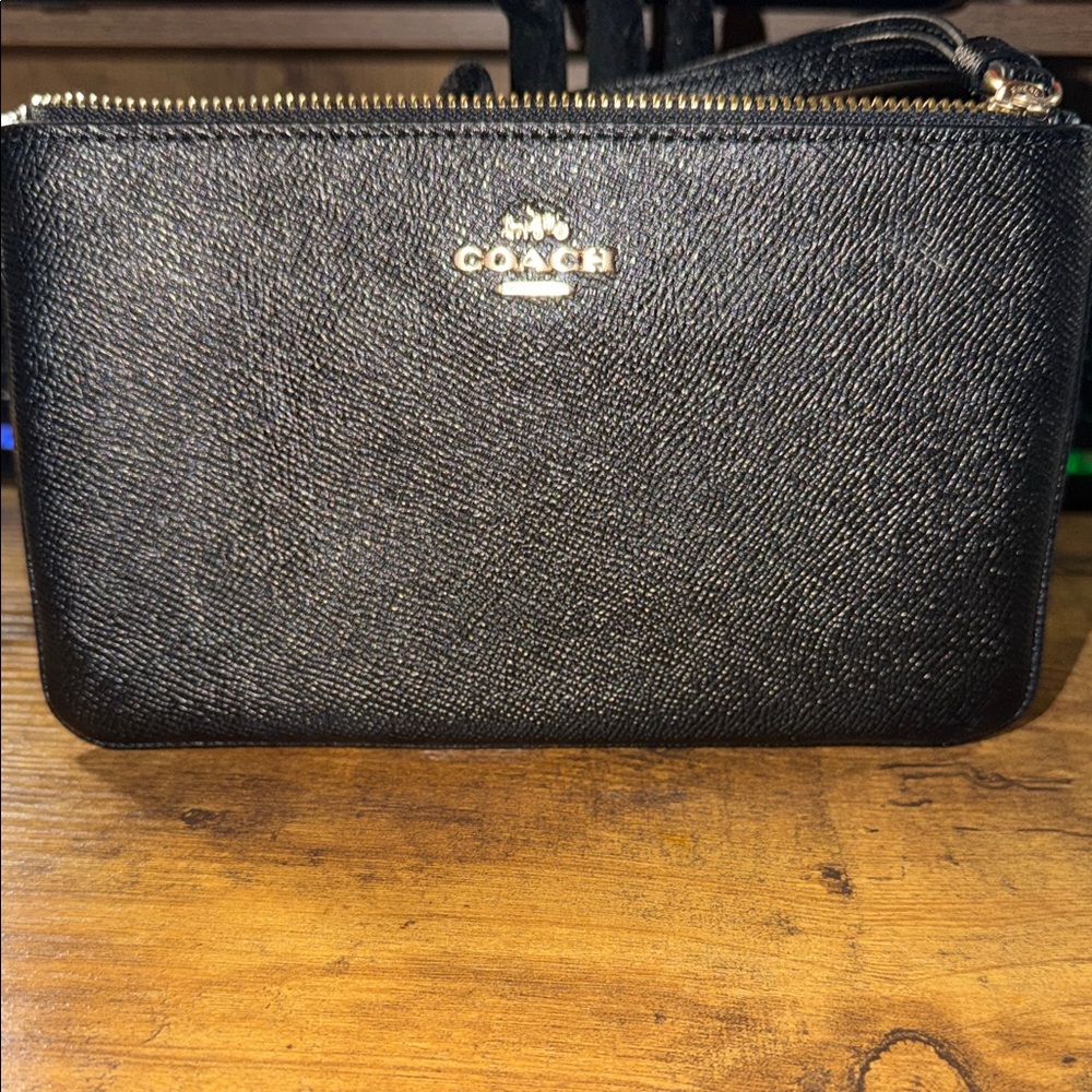 Coach Black Textured Wristlet with Gold Accents